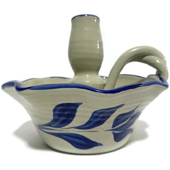 Williamsburg Pottery Finger Candle Holder Blue and Beige 5" Tall - Picture 3 of 12